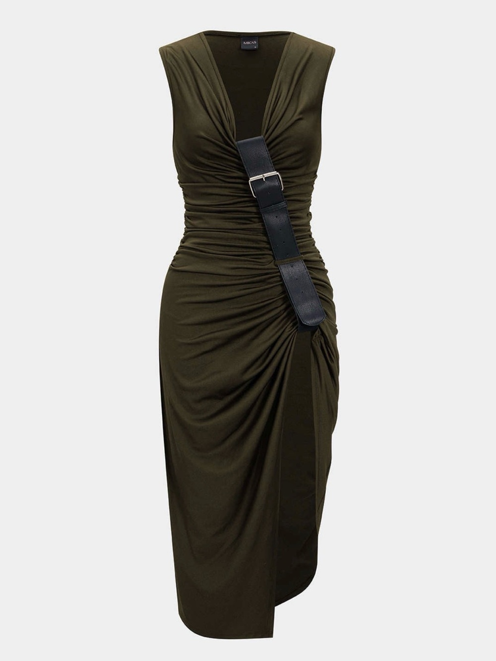 Ruched V-Neck Slit Asymmetrical Sleeveless Midi Dress